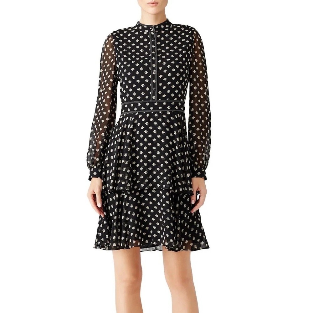 TORY BURCH Seymour Silk Georgette Mini Dress Size 6 Geometric Fish Print Tiered